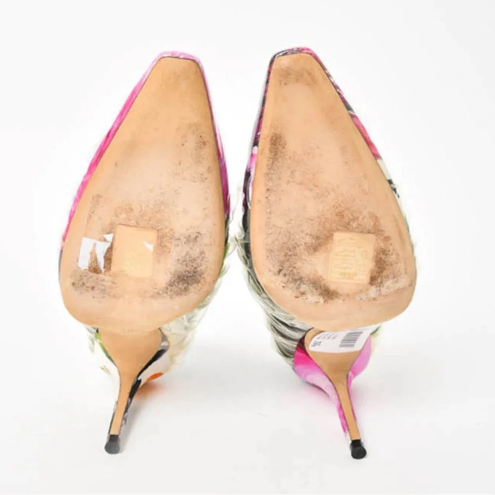 Off-White X Jimmy Choo Pink White Floral Satin Heels Plastic Overlay Size 37 - Picture 4 of 12